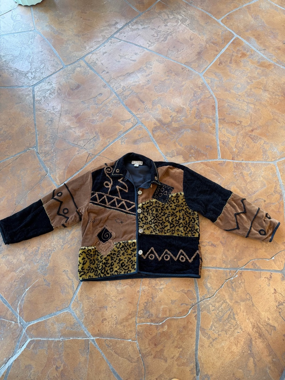 Vintage Life Style Women’s XL Patchwork Animal Print Button Collared Jacket